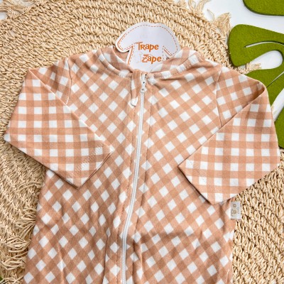 Macacão de Malha com Abertura em Zíper Xadrez - Off White e Bege